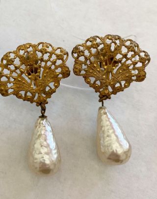 Miriam Haskell Vintage Earrings Russian Gold Filigree Creamy Baroque Pearl Chand