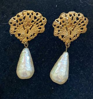 MIRIAM HASKELL Vintage Earrings Russian Gold Filigree Creamy Baroque Pearl Chand 2
