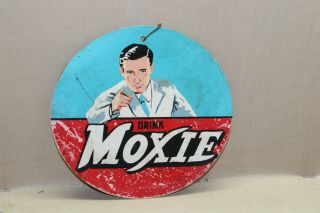 Scarce 1920s Drink Moxie Soda Pop 2 - Sided Fan Pull Sign Fountain Service Gas Oil
