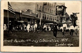 Lander,  Wyoming Rppc Real Photo Postcard 4th Of July Street Parade Scene C1914