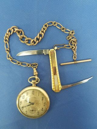 " Illinois " 1926 Pocket Watch,  Grade 405,  12s.  - Gf W/chain & Voos Knife Fob.