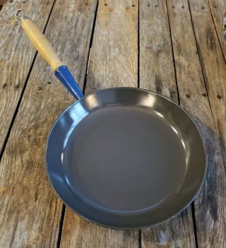 Vintage Le Creuset 26 Blue 10 " Cast Iron Skillet Wood Handle Frying Pan
