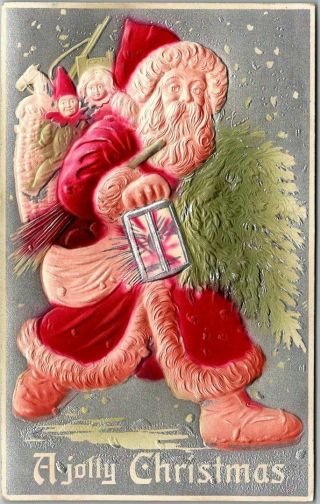 C1910s Christmas Embossed Postcard Airbrushed Santa Claus W/ Lantern & Tree