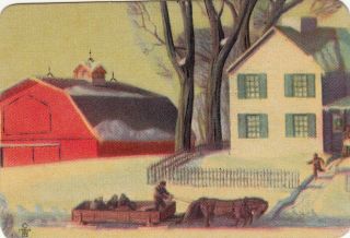 1 Playing Swap Card Us B/back Lithograph Winter Scene Snow House Barn Horse Sled