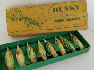 Vintage Husky Corn Holders Boxed Set Of 8 Styson Art Products Ceramic Japan 1952