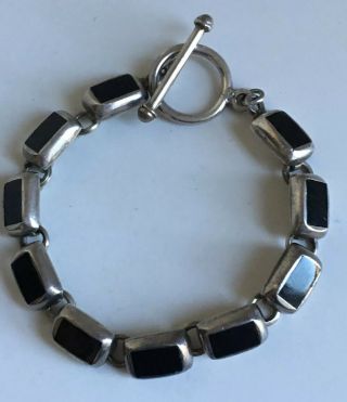 Vintage Taxco Mexico Sterling Silver 925 Modernist Onyx Link Bracelet 8” 32grams