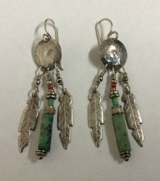 Vintage Tabra Signed Sterling Silver 925 Earrings W/ Feathers & Turquoise Beads