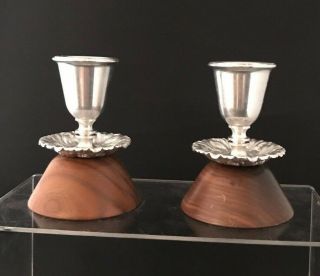 Vintage Candlestick Holders Silver Plate And Teak