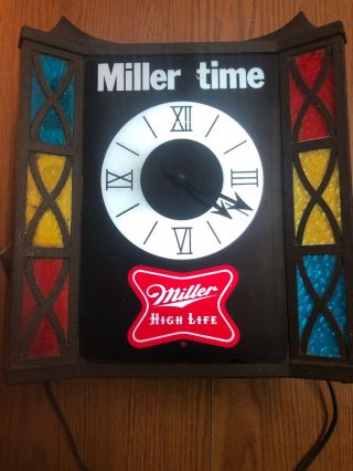 Vintage 1970’s Miller Time Miller High Life Stained Glass Lighted Clock.  Rare