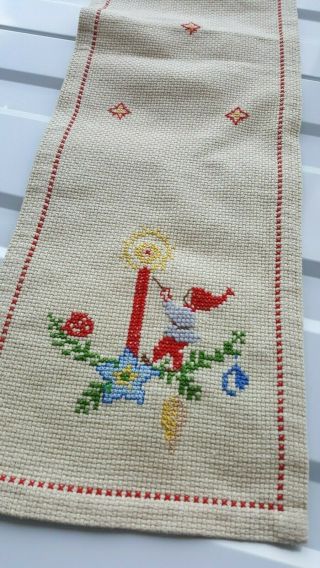 Swedish Christmas Vintage White Table Runner With Handmade Cross Stitch Candles