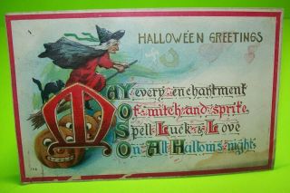 Vintage Halloween Postcard 1911 Flying Witch Black Cat Series 142