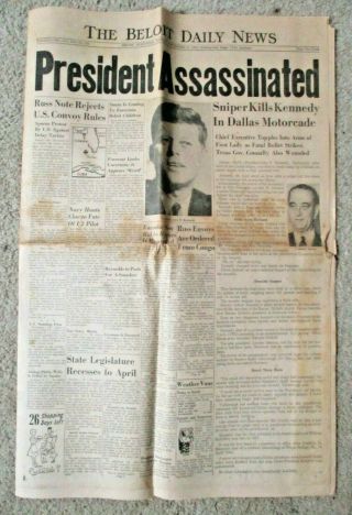 Rare The Beloit Daily News President Assassinated Kennedy 11/23/1963 Newspaper