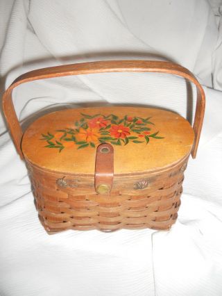 Vintage Small Woven Sewing Basket With Handle & And Lid With Painted Flower
