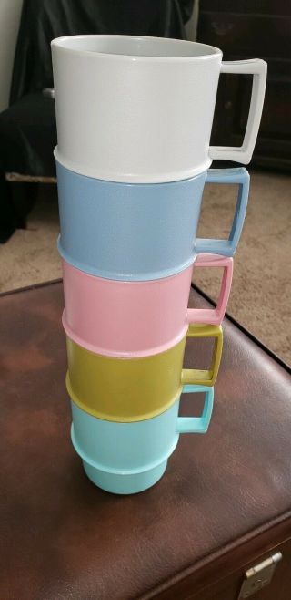 Vintage Colorful Tupperware Stackable Coffee Cup Mugs Set of 5 2