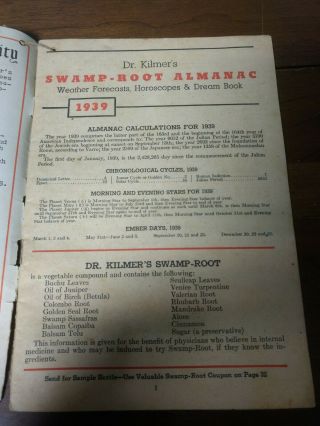 DR.  KILMER ' S SWAMP - ROOT ALMANAC,  WEATHER FORECASTS,  HOROSCOPES & DREAM BOOK,  1939 2