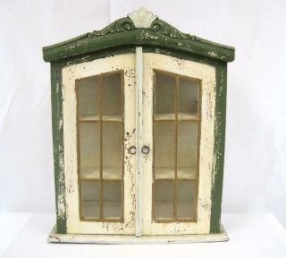 Vintage Rustic Wood Green Painted Storage Medicine Cabinet Hanging Glass