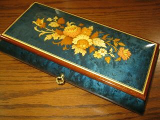 Vintage Reuge Floral Inlay Wood Music Box Swiss Movement Made In Italy W/key