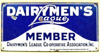 Vintage Blue & White Porcelain Dairymen’s League Member Cooperative Sign,  Orig.