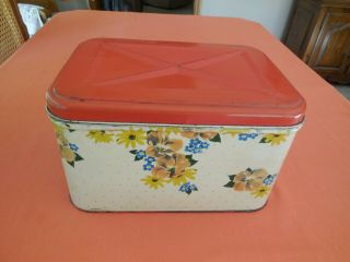 Vintage Metal Tin Bread Box With Hinged Lid Retro Shabby Chic Red Yellow Blue