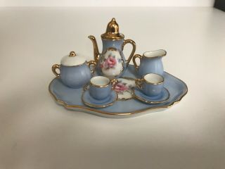 Vintage Artoria Limoges Porcelain Miniature Mini Blue Floral Tea Set 10 Pc.