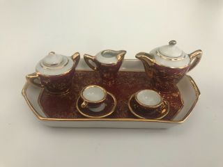 Vintage Limoges Porcelain Miniature Mini Red & Gold Tea Set 10 Pc.