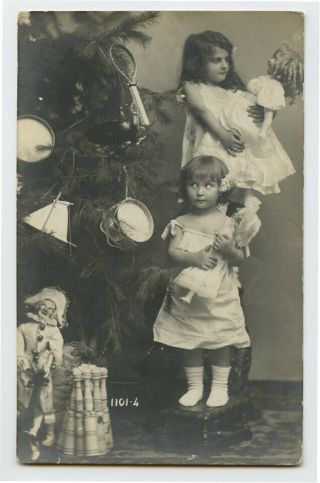 C 1910 Child Children Darling Little Girls W/ Christmas Dolls Toy Photo Postcard