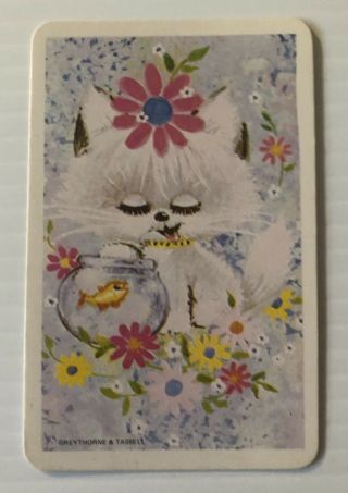 Vintage 70s Greythorne & Tassell Swap Card: Cat With Flowers & Fish Bowl
