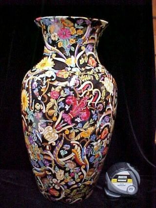 Vintage Gucci Italy Porcelain Ceramic Vase 16 1/4 " Black Floral Good