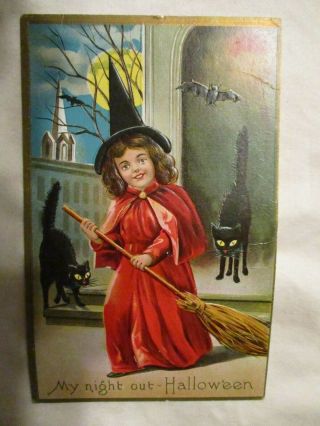C.  1910 " My Night Out " Halloween Postcard Witch W/ Black Cats And Broom Moon