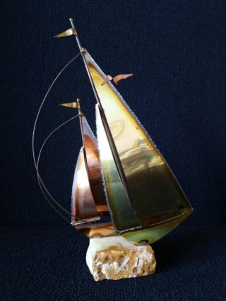 Vintage Mcm Sail Boats Art Sculpture Brass Copper Onyx Base Signed