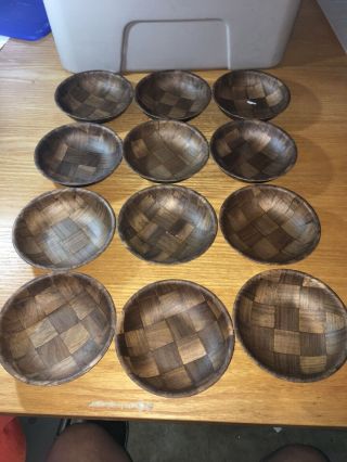 Weavewood Inc Usa Set Of (12) 6 " Salad Bowls Dark Woven Hard Wood Wooden Ware C3