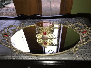 Vintage Gold Gilt Vanity Set Footed Jeweled Mirror &carriage Beveled Glass