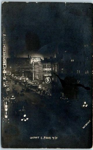 1914 Des Moines Iowa Rppc Postcard " Locust E.  From 7th " Night View Webster Photo