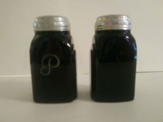 Vintage Black Glass Roman Arch Salt And Pepper Shakers 1950s