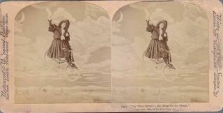 Genre Stereoview Lovely Young Lady Riding Bicycle On High - Wire Tied To The Moon