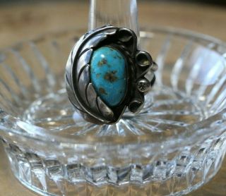 Vintage Navajo Sterling Silver & Cripple Creek Turquoise & Feather Ring Size 7.  5