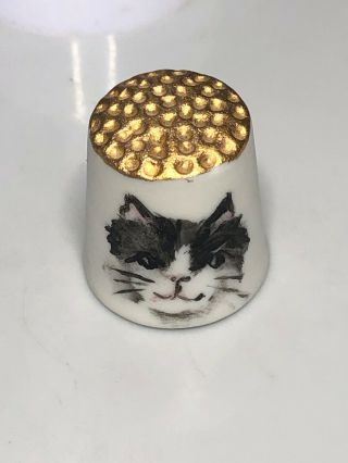 Thimble Bisque Black And White Cat Hand Painted By Do