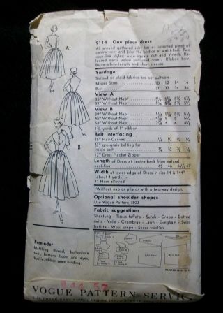 VOGUE Vintage 50 ' s Pattern 9114 Summer Tea Dress 14 Square Neck Cool Styling 2