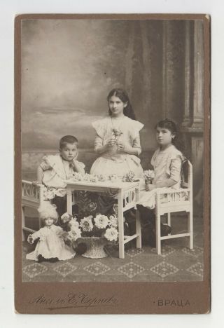 Family Portrait Girls With Long Hair Doll Toy Circa 1900 Cab.  Photo /17976