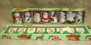 Vtg Box Commodore 8 Christmas Place Card Holders Santa Snowman Angels Porcelain