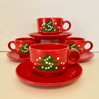 Set Of 4 Waechtersbach Germany Red W/ Green Christmas Tree Flat Cups & Saucers