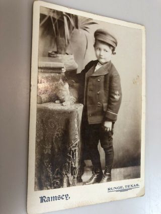 Great Cabinet Card Of Boy With His Cat,  Runge Texas Photo