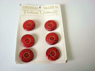 6 Vintage Red With Gold Tone Plastic Buttons On The Card 1 1/16 In.