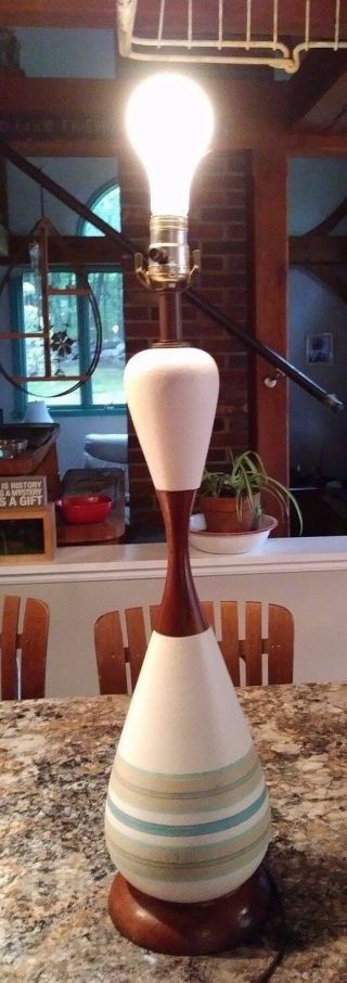 Vintage Mid Century Modern Electric Table Lamp Walnut Ceramic Aqua 60 