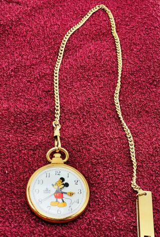 Vintage Lorus Quartz Mickey Mouse Gold Plated Pocket Watch W/chain
