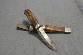 Vintage Kj Mora Sweden Hunting Knife W/sheath Swedish Wooden Brass Case