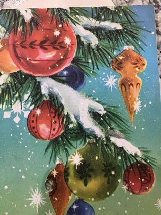 Vintage Mid Century Christmas Card Glitter Snow Snowflake Tree Ornaments