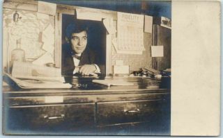 Vintage 1910s Rppc Real Photo Postcard Office Scene Man In Desk Window Iowa?