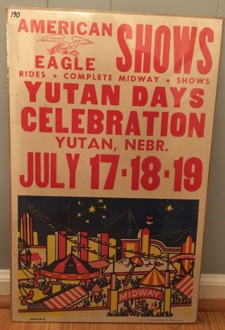 Vintage American Eagle Shows Carnival Poster,  Yutan,  Nebraska July 17 - 18 - 19