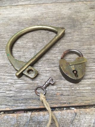 Antique Small Brass Heart Shaped Padlock Pipe Key And Hasp Lock Vintage